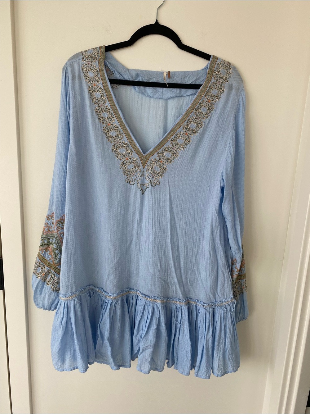 Free People Light Blue Embroidered V-Neck Tunic Dress